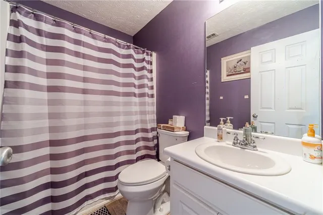 a bathroom with a sink a toilet a mirror and shower curtain