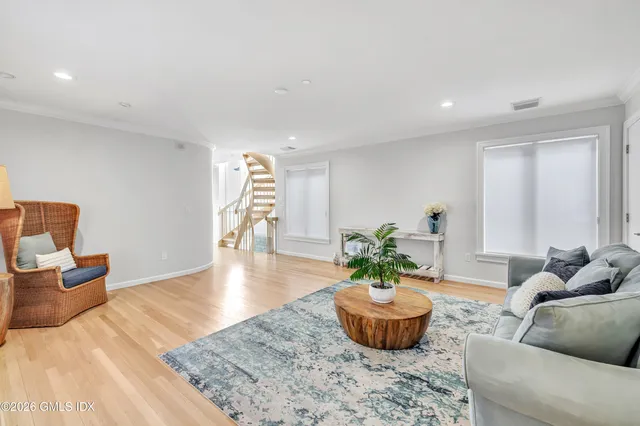 a living room with furniture and a potted plant