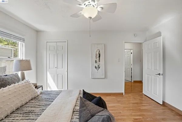 a bedroom with furniture and a potted plant