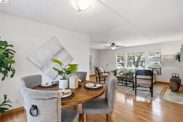 a dining room with furniture potted plants and wooden floor