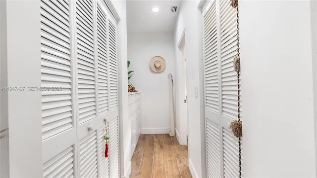 a view of a yard with plants and large trees