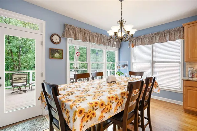 a view of a dining room with furniture window and outside view