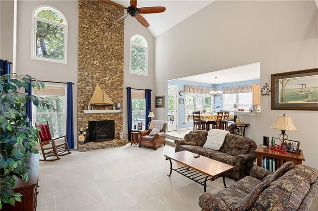 a living room with furniture a fireplace and a potted plant