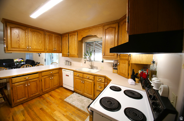 1612 East 450 South Springville, UT 84663 - Photo 19 of 48 Kitchen featuring wood-finish flooring, wood cabinetry with upper and lower storage, a white built-in dishwasher, white countertops, and a white built-in sink with a window above