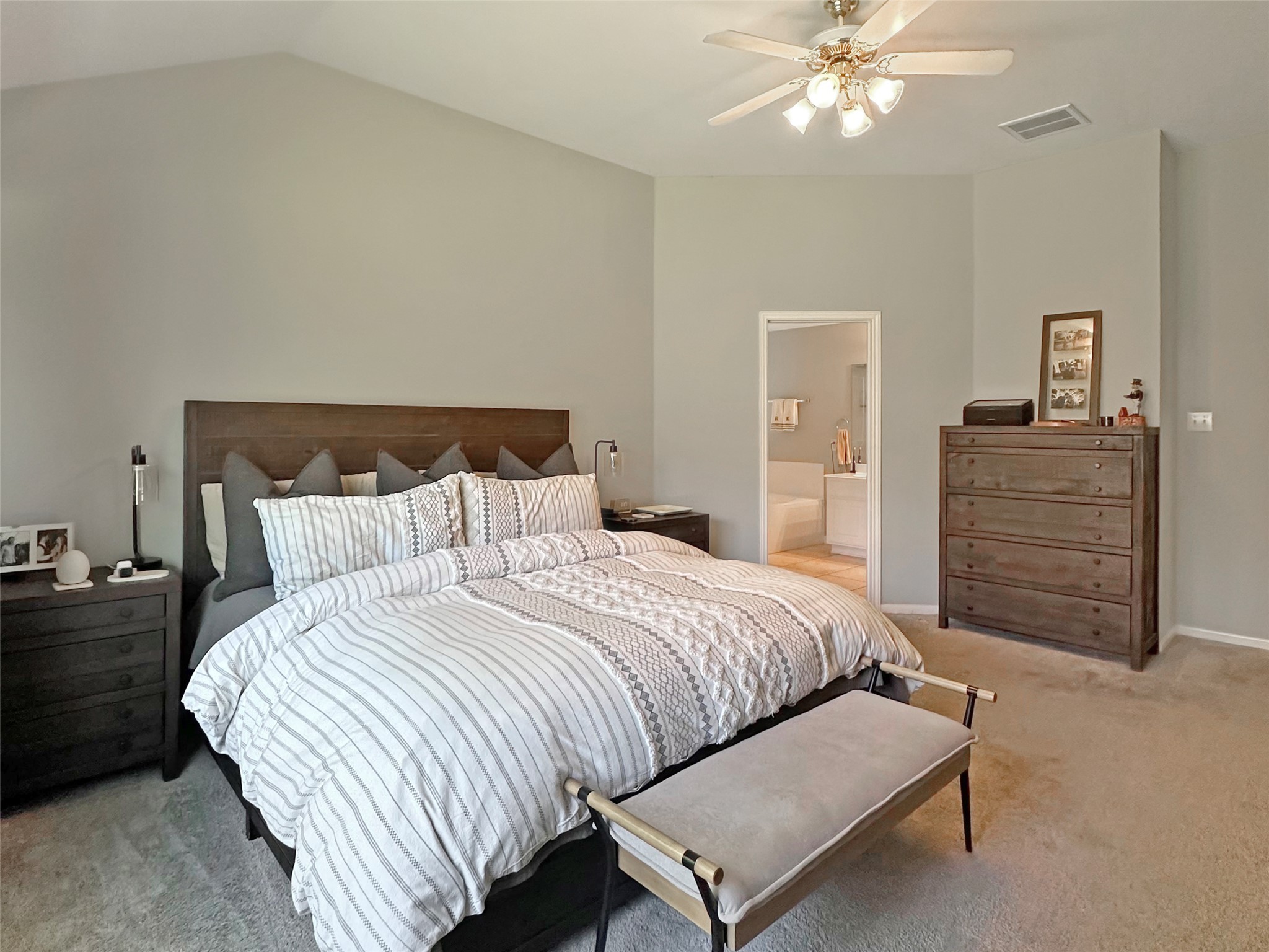 20213 Kearney Hill Road Pflugerville, TX 78660 - Photo 15 of 27 Relax in this tranquil bedroom, featuring a soaring vaulted ceiling and soft carpeting.