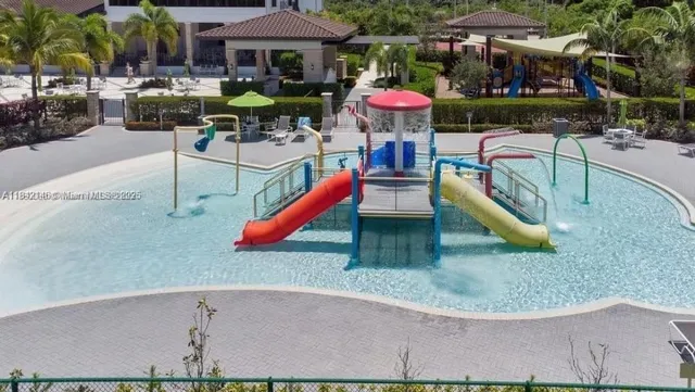 an outdoor space with seating