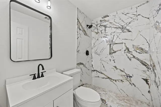 a bathroom with a sink toilet and mirror