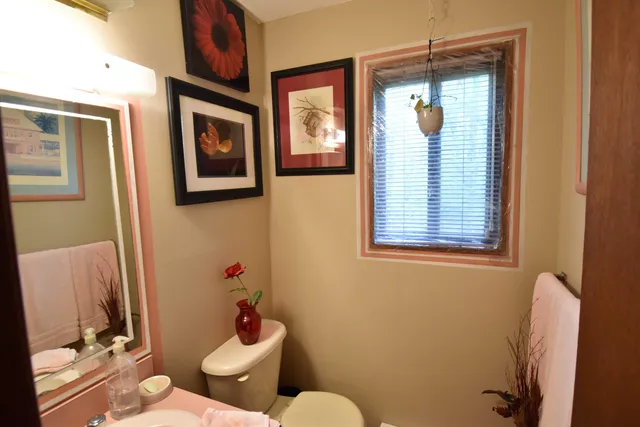 a bathroom with a toilet sink and mirror