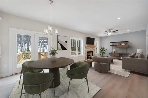 a view of a dining room with furniture