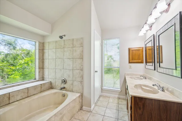 a bathroom with a tub sink and mirror