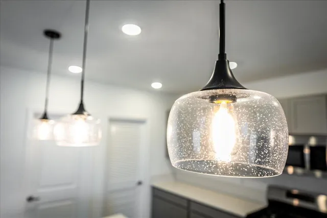 a room with a chandelier