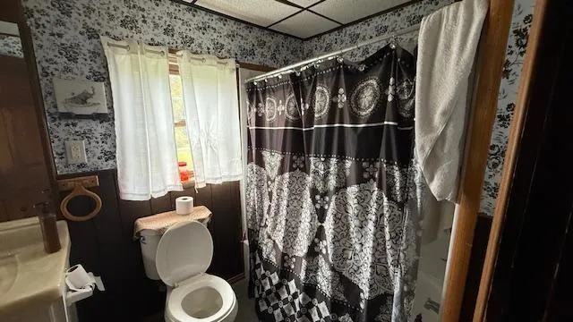a bathroom with a toilet and a shower