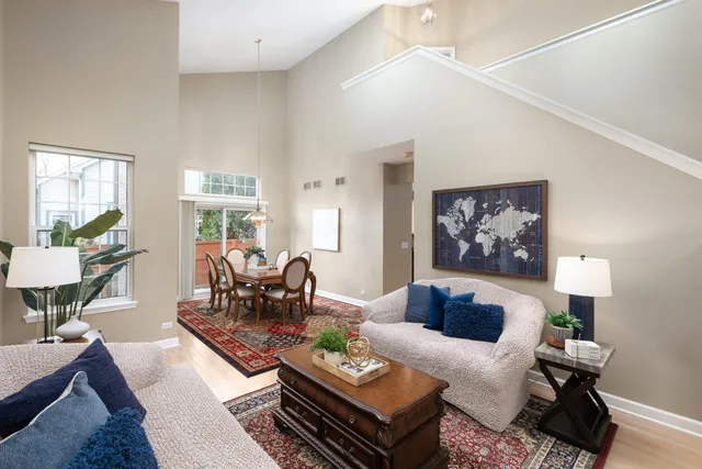 a living room with furniture a rug and a window