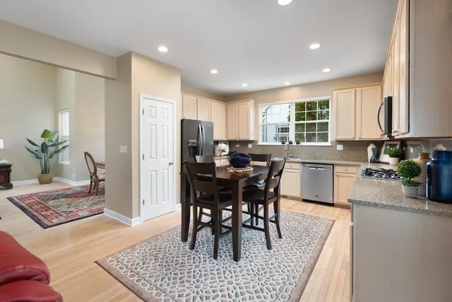 a view of a dining room with furniture