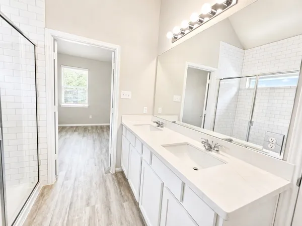 a bathroom with a sink a mirror and a shower