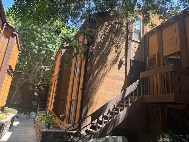 a view of street with wooden stairs