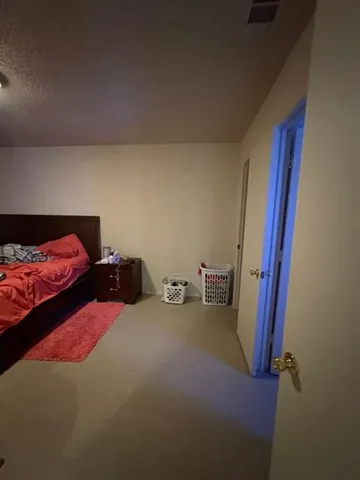 a bedroom with a bed and a closet