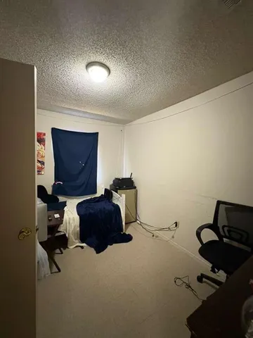 a bedroom with a bed and a mirror