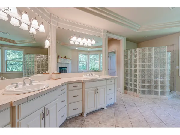 a bathroom with a granite countertop sink mirror and