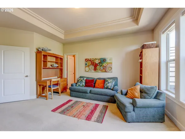a living room with furniture and a rug