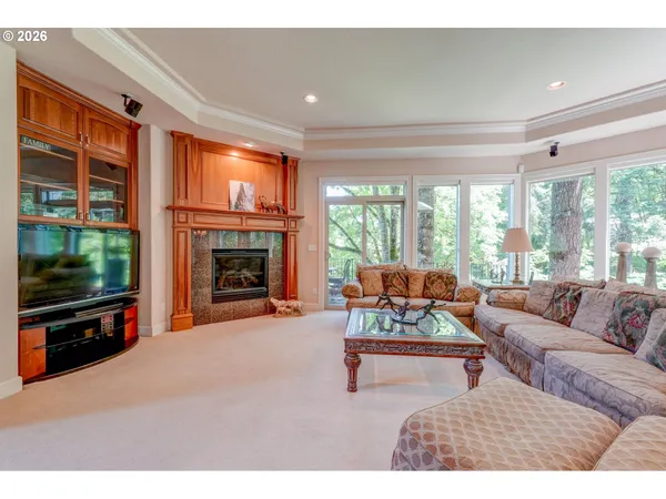 a living room with furniture tv and a fireplace
