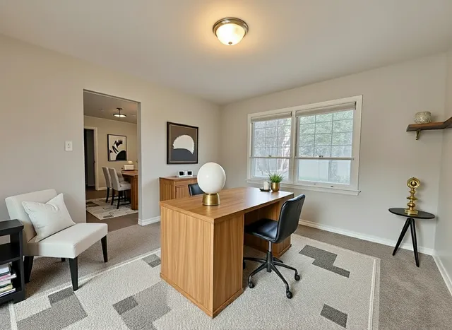 a workspace with a desk and chair