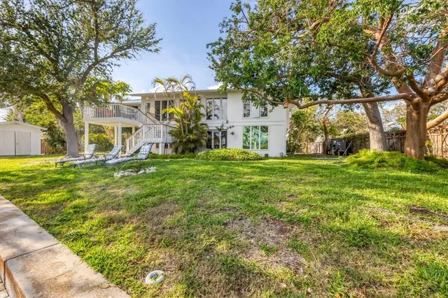 a view of a park with large trees