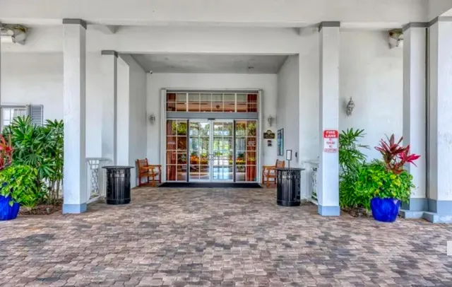 a view of front door with potted plants