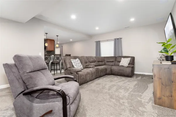 a living room with furniture and a potted plant