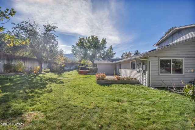 a backyard of a house with lots of plants and large tree