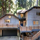 a view of a house with a small yard and a large tree