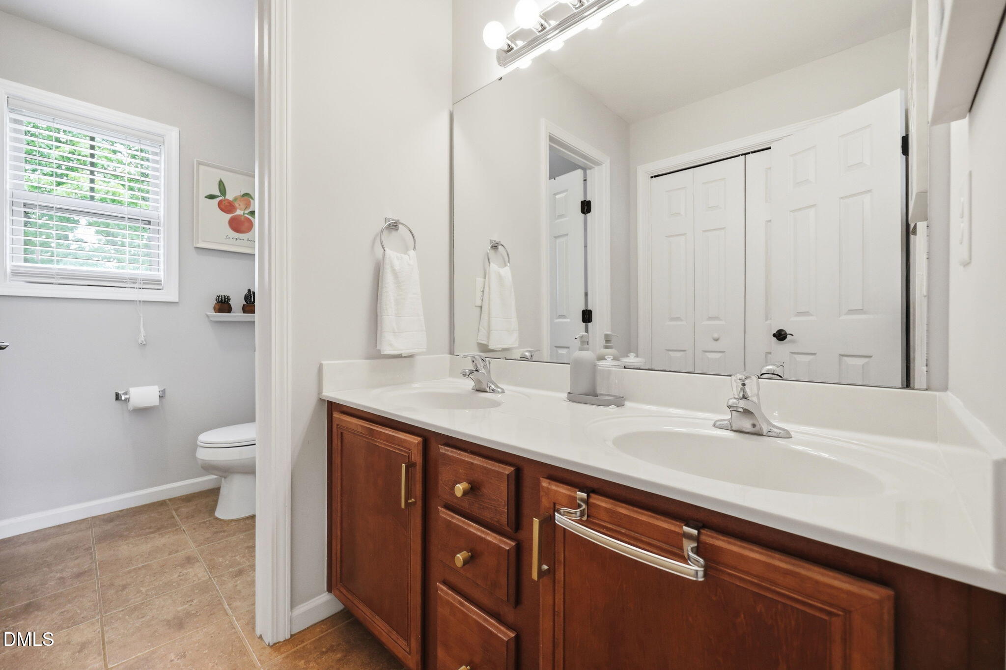 162 Gathering Place Durham, NC 27713 - Photo 30 of 52 a bathroom with a double vanity sink toilet and a mirror