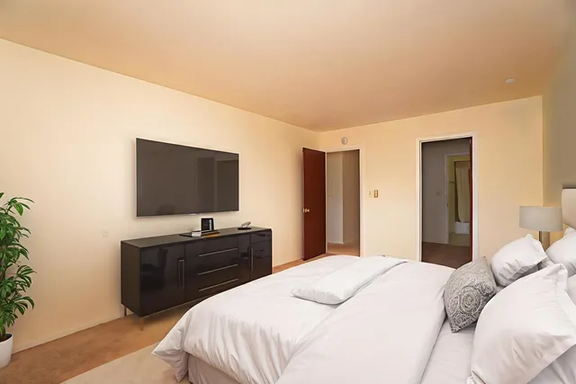a bedroom with a bed and a flat screen tv