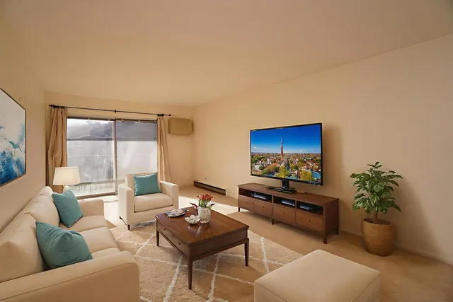 a living room with furniture potted plant and a window