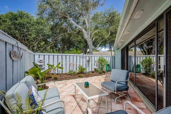 a view of a patio with table and chairs potted plants and a palm tree