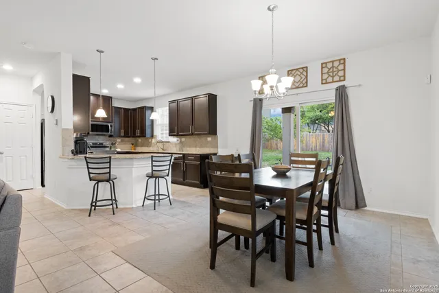 a view of a dining room with furniture window and outside view