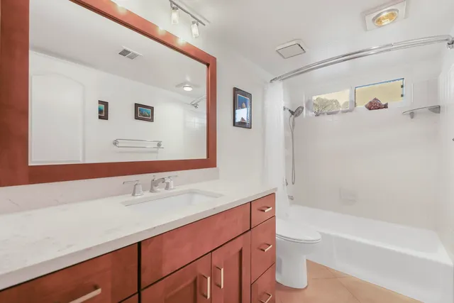a bathroom with a sink a toilet a mirror and shower