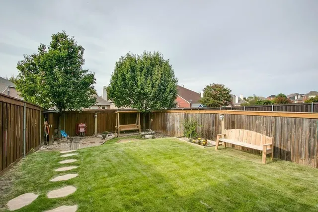 a view of a backyard with plants and lake view