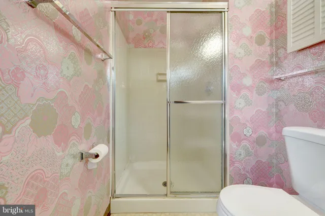 a bathroom with a shower and toilet