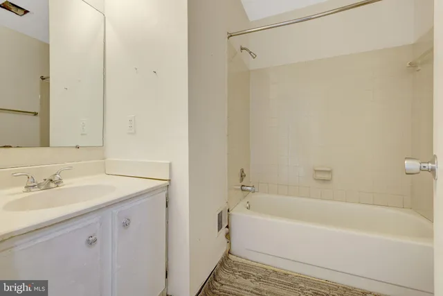 a bathroom with a tub shower sink and vanity