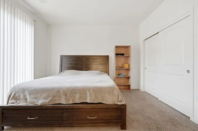 a bedroom with a bed and a closet