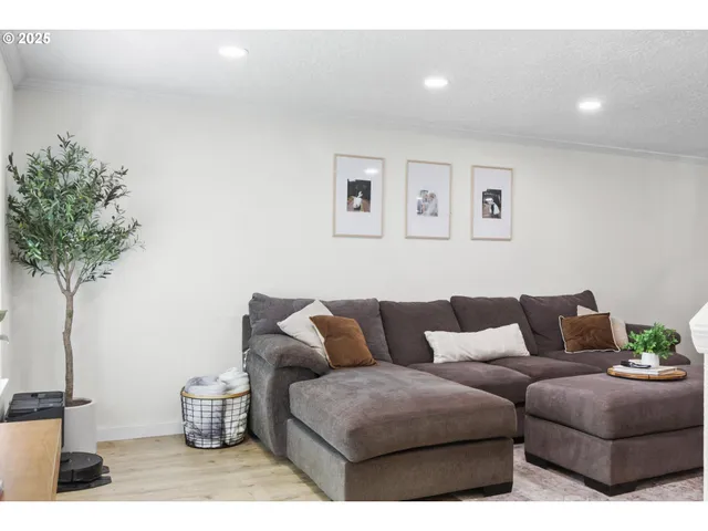 a living room with furniture and a potted plant