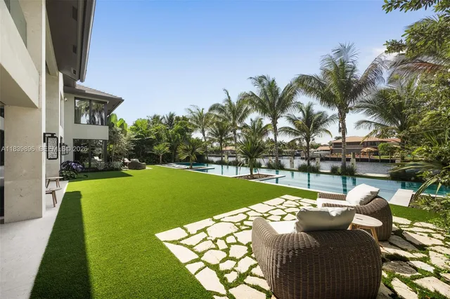 a view of a swimming pool with a garden and plants