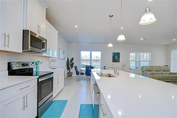 a view of a dining room with furniture a potted plant and wooden floor