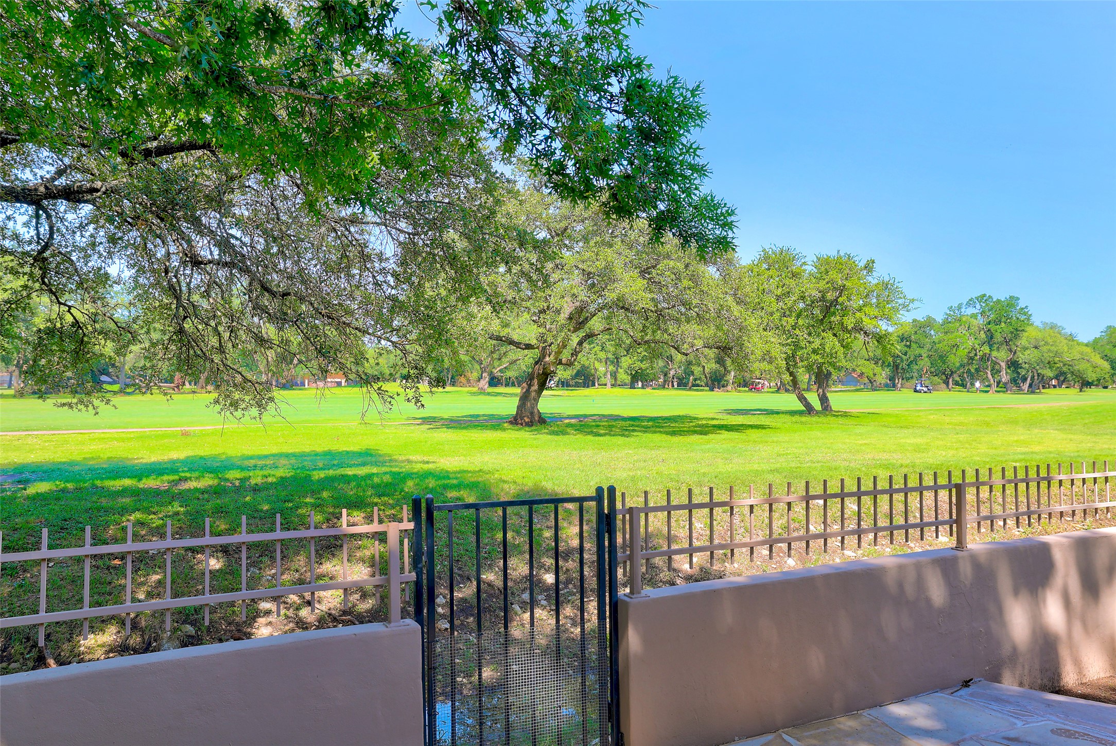 30107 Hamlet Circle Georgetown, TX 78628 - Photo 32 of 40 Green fairways stretch beyond the patio, offering tranquil golf course views under a clear sky.