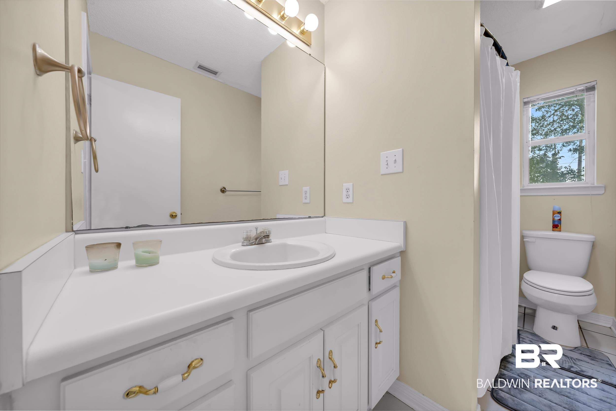 17488 Pandion Ridge, Unit A1 Fairhope, AL 36532 - Photo 13 of 18 Bathroom vanity featuring a single basin, ample countertop space, and white cabinetry with brass-finish hardware