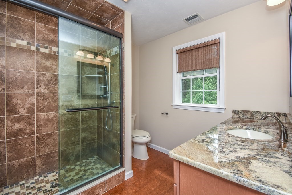 77 Dudley Road, Unit 77 Berlin, MA 01503 - Photo 16 of 30 a bathroom with a granite countertop sink a toilet and shower