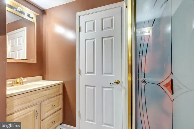 a bathroom with a sink a mirror and a shower