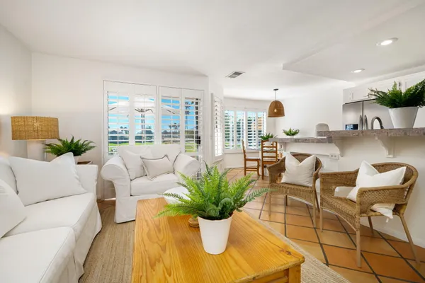 a living room with furniture potted plant and a large window