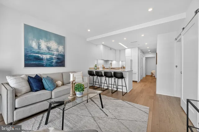 a living room with furniture and a dining table with kitchen view